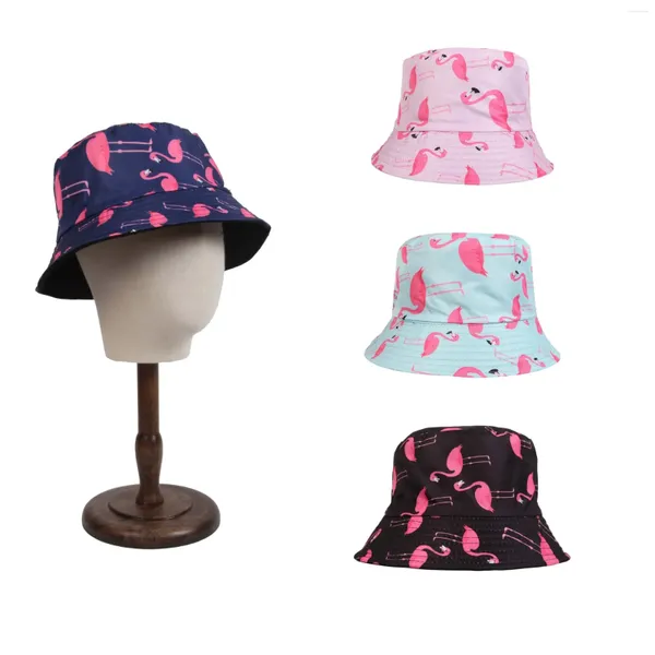 Berets Flamingo Bedruckter doppelseitiger Fischerhut Damen Trend Sonnenschutz Sonnenschutzbecken