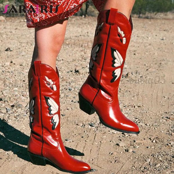 Stivali nuovissimi 2022 autunno inverno donna stivali occidentali a metà polpaccio tacchi grossi farfalla cowgirl stivali lunghi da cowboy scarpe per donna T231121