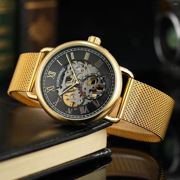 Relógios de pulso Forsining Moda Clássico Preto Esqueleto Dourado Mecânico Mão Vento Relógios Masculinos Malha Cinto Transparente Relógio Masculino Presente