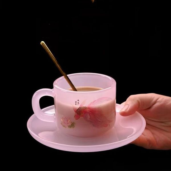 Tazza da caffè antica con pesce con piatto WiChinese Tazze d'acqua Apertura in ceramica Bellissimo set di tazze da tè Tazze da tè per la cerimonia del tè