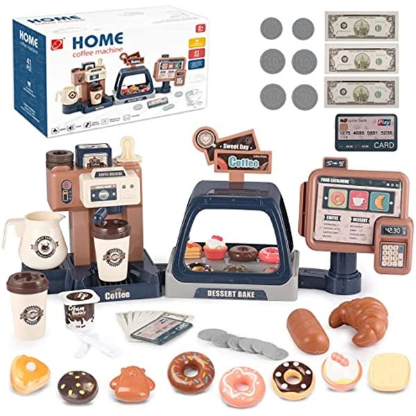 Máquina de cafeteira de brinquedo e kit de caixa registradora com o som da cozinha do som da cozinha finge fingimento de jogos de jogo de utensílios de utensílios de utensílios