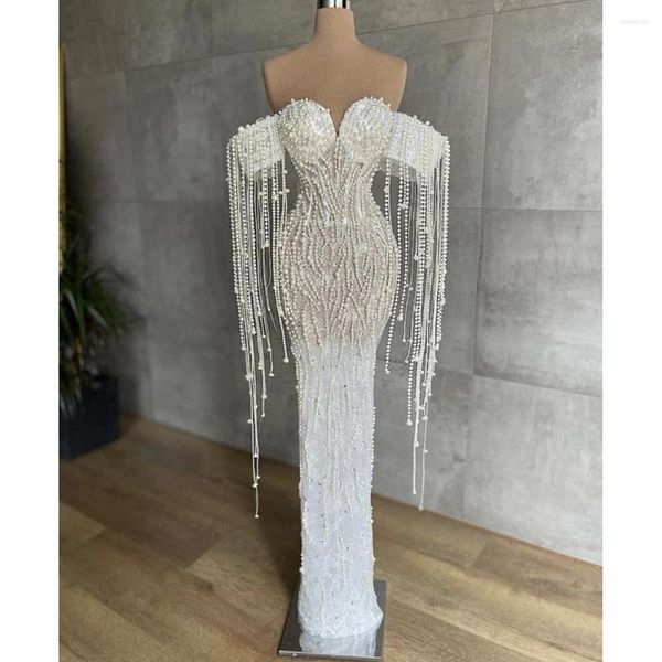 Partykleider 2023 Perlen Perlen Elegantes Meerjungfrau-Kleid Chic Off Shoulder Quaste Bodenlang Mode und luxuriöse Hochzeit nach Maß