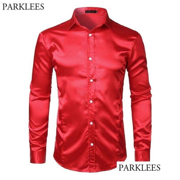 Herren Freizeithemden Herren Slim Fit Seidensatin Kleid Bräutigam Bühne Abschlussball Hemd Herren Langarm Button Down Herren Chemise Homme Rot Dhn7E