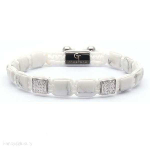 Bracciale con perline quadrate separate con micro zirconi intarsiati Bracciale con perline quadrate nere Bracciale con fibbia a coda incisa in acciaio inossidabile Bracciale quadrato con turchese bianco