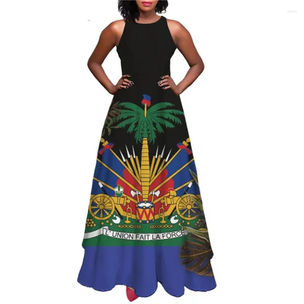 Vestidos Casuais Doginthehole Estilo Mulheres Sem Mangas Vestido Longo Haiti Bandeira Impresso Senhoras Cintura Alta Balanço Feminino Vestidos 2023
