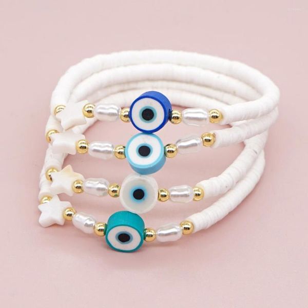 Bracciale con perline di riso in filo bianco puro in ceramica morbida con occhi a stella alla moda minimalista elasticizzato lavorato a mano con perline bohémien