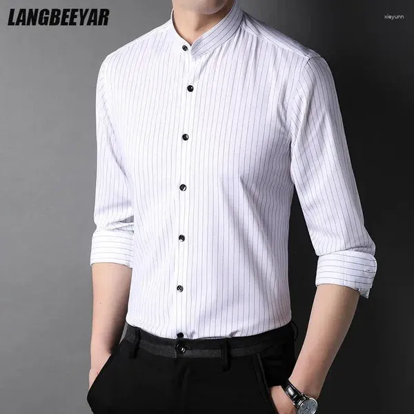 Camisas casuais masculinas moda marca designer mandarim colarinho fino ajuste listras verticais homens luxo manga longa roupas masculinas