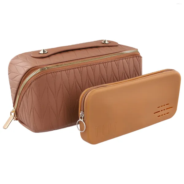 Pincéis de maquiagem femininos acolchoados bolsa cosmética grande capacidade travesseiro saco de couro do plutônio abre plana casual com conjunto de suporte de escova