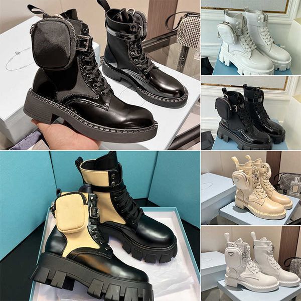 Botas de rois martin bota feminina designers tornozelo booties de nylon de couro inspirado botas de combate inspiradas nylons bouch bolso preso ao