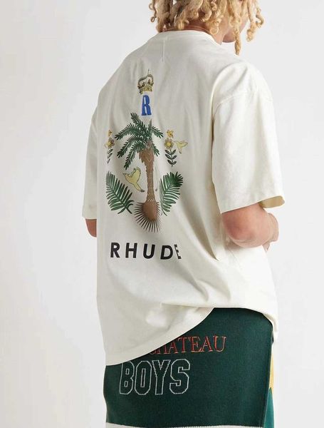 Дизайнерская модная одежда Футболки Футболки Rhude Summer Crown Футболка с кокосовой пальмой Белая футболка Свободный хлопок Trend Brand Мужские топы Уличная одежда Свободный хип-хоп