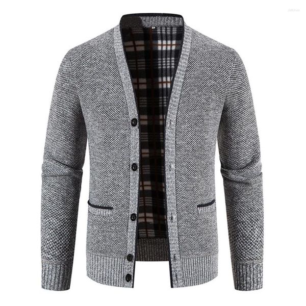 Camisolas masculinas moda inverno malha lã forro cardigan camisola para homem engrossar manga longa com decote em v único breasted casaco roupas