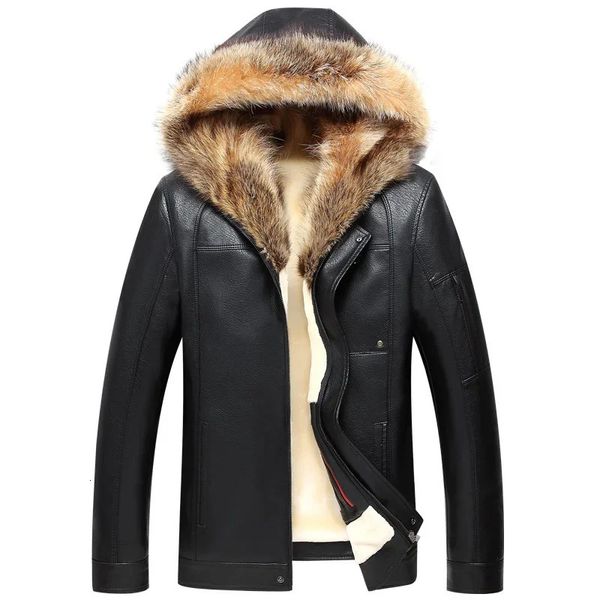 Herren Leder Kunstleder Russland Winter Echtpelz Kragen Männer Faux Schaffell Dicke Kapuze Lederjacke Männlich Luxus Windjacke Mantel 231120