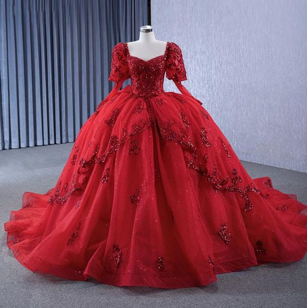 Роскошные платья принцессы винно-красного цвета с длинными рукавами, блестящими аппликациями и блестками, корсет на шнуровке, платье de 15 quinceanera