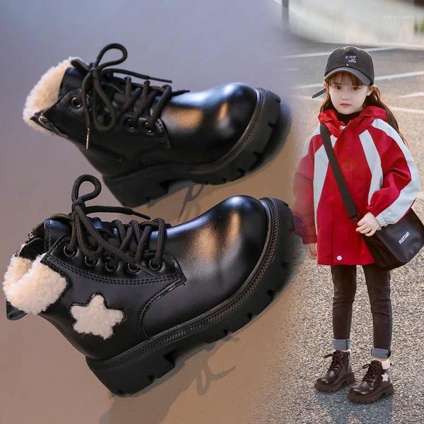 Botas sapatos infantis meninas solas macias de couro quente bebê bonito algodão pelúcia inverno princesa sapato