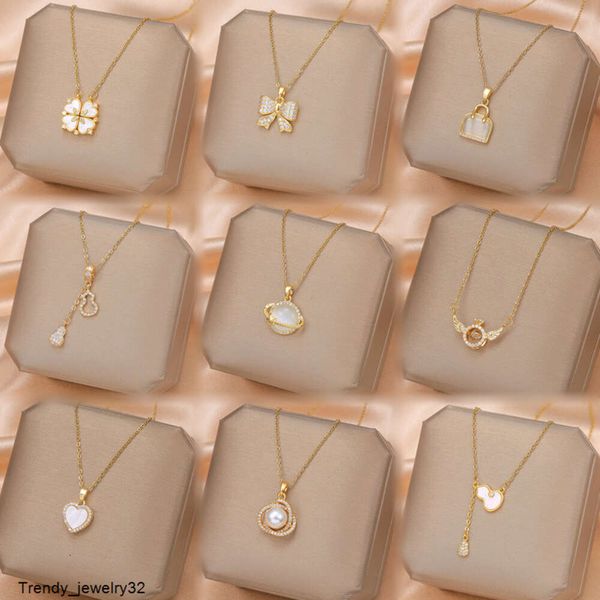 Luxus Edelstahl 18K Klee Halskette Gold Diamant Schmetterling Mode Stern Mond Anhänger Damen Schlüsselbein Kette Schmuck