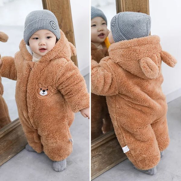 Macacão bebê menino roupas bonito urso de pelúcia outono inverno manter quente com capuz infantil meninas macacão nascido macacão 0 18m 231120