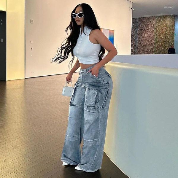 Damenjeans Jeanswomen's 2023 Summer Line INS American Street Fashion Multi Pocket Spliced Workwear High Waist Straight Leg Jean