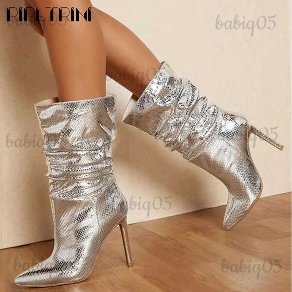 Botas moda prata plataforma metálica botas de salto alto mulheres glitter stiletto apontado marca de luxo designer sexy sapatos tamanho grande 45 t231121