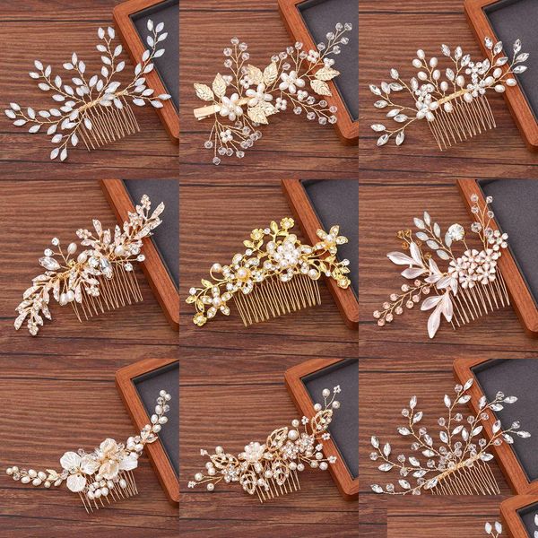 Grampos de cabelo barrettes mulheres pente de cabelo jóias acessórios de casamento strass pérola nupcial luz ouro headpiece gota entregar dhgarden otmse