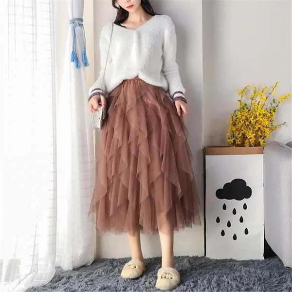 Gonne Tutu Tulle Gonna lunga lunga Donna Moda coreana Carino rosa Vita alta pieghettata Maglia femminile Lady Dolce estetica Faldas