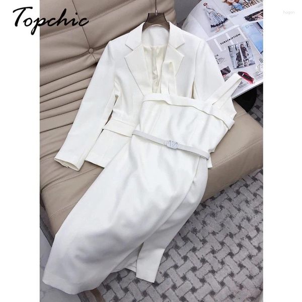 Vestidos de trabalho senhora do escritório elegante branco blazer espaguete cinta vestido define coreano moda duas peças conjunto roupa feminina 2023