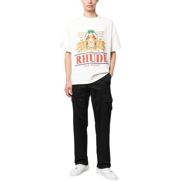 Tasarımcı Moda Giyim Tee Tişörtleri 2023 Yaz Yeni Rhude High Street Papağan Çiçek Mektubu Baskı Gevşek Rahat Kısa Kollu T-shirt Erkekler Pamuk Streetwear Tops
