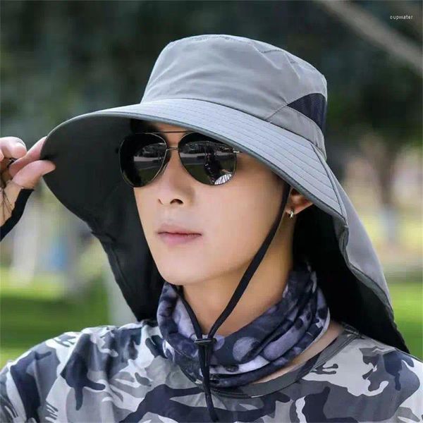 Berets Protetor Solar Chapéu Respirável Verão Mens Pesca Pescador Rosto Pescoço Proteção Legal Com Corda Windbreak