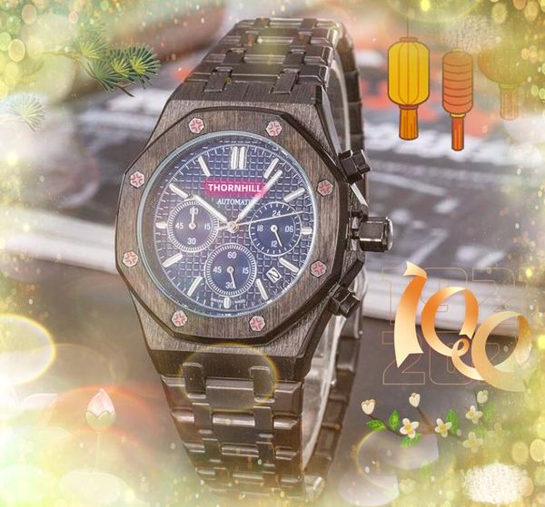 All Dials Work Brand Relojes para hombre Three Eyes Reloj funcional completo Calendario de cuarzo de acero inoxidable Hip Hop Iced Out pulsera de oro Gentleman Business Reloj de pulsera