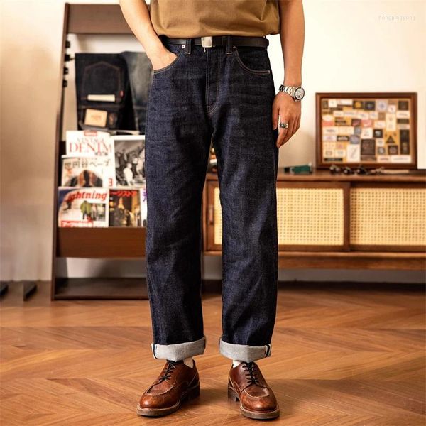Мужские джинсы, красная модель, свободные прямые джинсовые брюки с высокой талией плотностью 14 унций