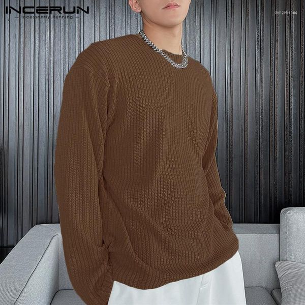 T-shirt da uomo INCERUN Uomo Tinta unita O-Collo Manica lunga Allentato Stile coreano Abbigliamento casual 2023 Elegante T-shirt basic S-5XL