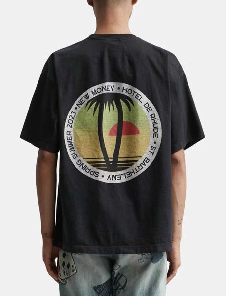 Дизайнерская модная одежда Футболки Футболки Rhude Summer Coconut Tree Закат с принтом Футболка с коротким рукавом Свободная хлопковая модная футболка Мужские летние топы Уличная одежда Хип-хоп