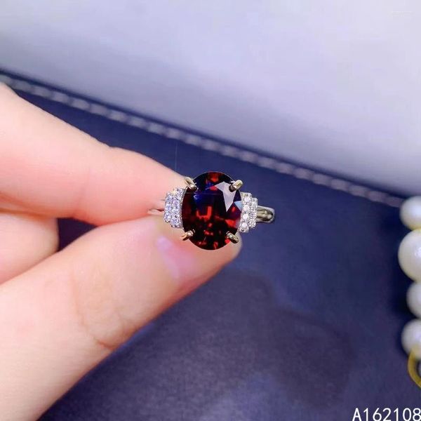 Cluster Anéis Fine Jewelry 925 Sterling Silver Inset com Gemas Naturais Mulheres Exquisite Oval Red Garnet Anel Ajustável Suporte Detec