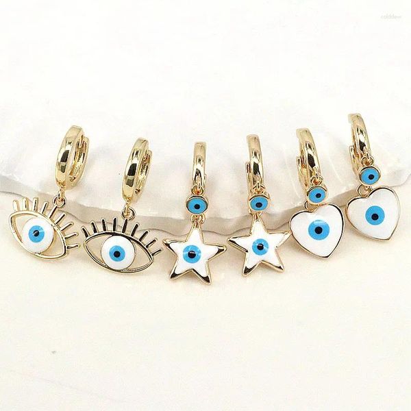 Baumelnde Ohrringe, 5 Paar, zierliche weibliche türkische Emaille-Augenohrringe, Charme, Goldfarbe, Herz, Stern, Hochzeit für Frauen
