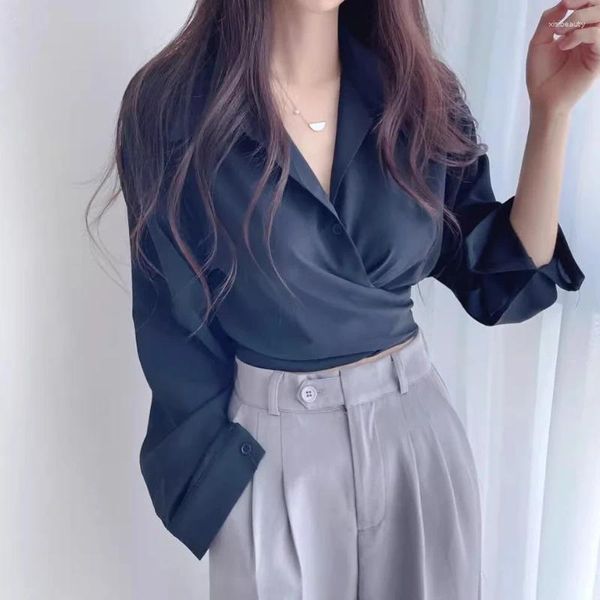 Damenblusen, koreanischer Stil, elegant und schick, einfarbig, schmales Hemd, Damen, Frühling, Herbst, Revers, lange Ärmel, Tunika, sexy Crop-Tops, Y2K-Kleidung