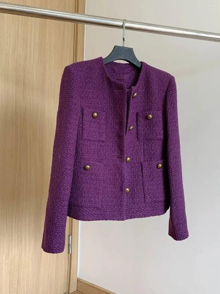 Jaquetas femininas clássico tweed fivela de ouro outono inverno vintage casacos de lã elegante moda outerwears femme