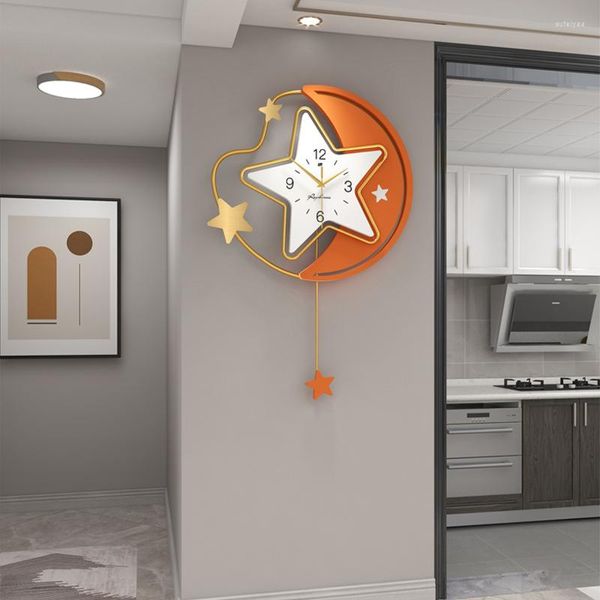 Relógios de parede 69x48cm grande estrela e lua swing relógio de swing moderno nórdico simples metal caseiro de liiving sala de relógio decoração