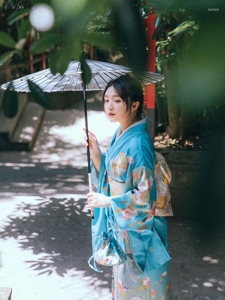 Roupas étnicas japonesas kimono blue color estampas florais clássicas Yukata Cosplay Wear vestido de vestido de dormir