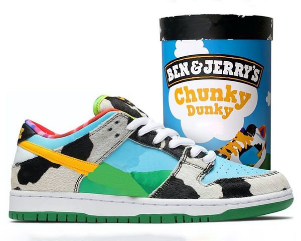 BenJerry DnK Low sapatos de skate x Chunky Dunky Black White University Gold treinadores tênis esportivos com caixa original