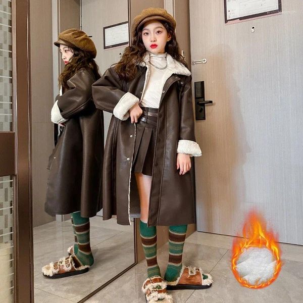 Cappotto Trench per ragazze Cappotti antivento in pelle di moda Capispalla invernale in pile spesso caldo Giacca lunga in PU per bambini Abbigliamento casual per bambini