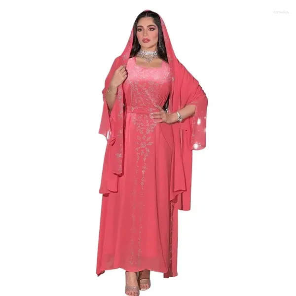 Abbigliamento etnico Manica lunga Hijab Abito da festa per le donne Musulmano Diamante Abaya Chiffon Maxi Abiti Marocco Caftano Turchia Arabo Robe 2024