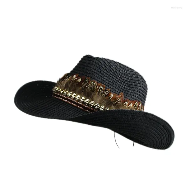 Berretti Cintura in pelle con piume retrò Scavata Donna Uomo Cappello da sole occidentale in paglia da cowboy a tesa larga da spiaggia