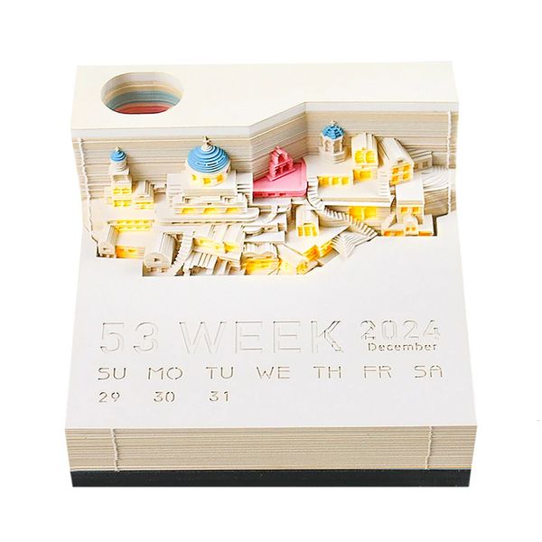 Outros Home Garden Omoshiroi Bloco 3D Memopad Calendário 2024 Santorini Mini Notepad com LED Nota Papel Art Desk Presente de Aniversário 231121