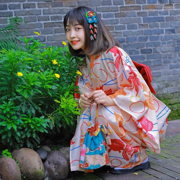 Roupas étnicas cereja beleza japonesa quimono mulheres forma vermelha de peixe dourado de ouro modificado versão padrão tradicional japão menina