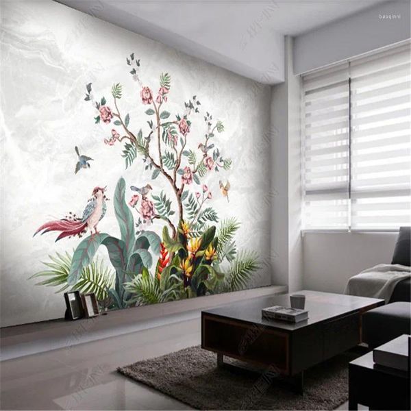 Tapeten Mittelalterliche handgemalte Blumen und Vögel Wandtapete für Wohnzimmer Tropischer Regenwald TV Hintergrund Wandpapier Home Decor