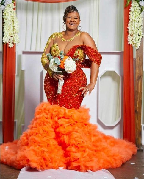 Orange glitzernde afrikanische Brautkleider mit abnehmbarem Rock, luxuriöse Kristallapplikationen, Meerjungfrau, Brautempfangskleid, Vestidos de Novia