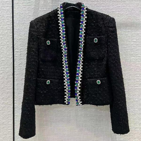 Damen Jacken Runway Luxus Perlen Bohren Woll Cardigan Mäntel Damen Schlank Kurze Oberteile Pendeln Schwarze Tweed Jacke Herbst Winter Kleidung