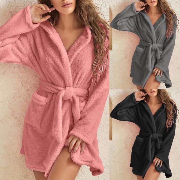 Damen-Nachtwäsche, Damen-Herbstwinter-Kinnriemen-Gürtel-Robe, modisch, einfach und bequem, zu Hause, Plüsch-Pyjama, einfarbig, warmer Bademantel für Damen