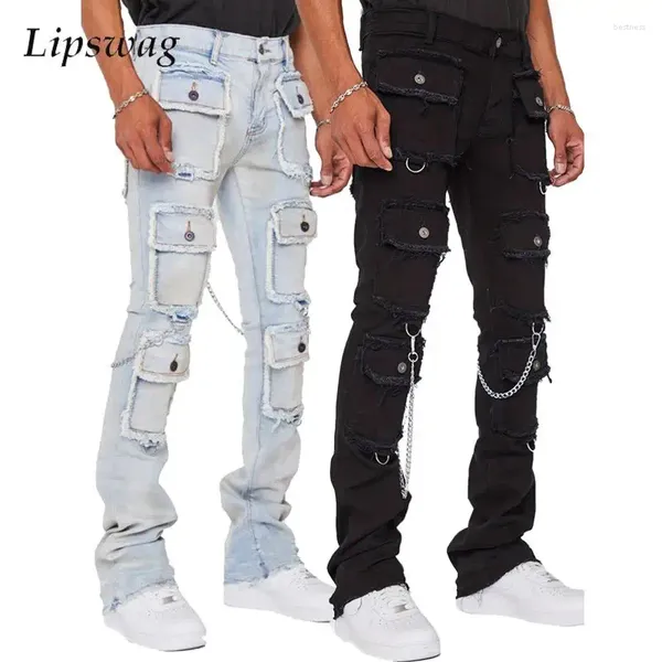 Мужские брюки, модные мужские джинсы Y2K, эстетические джинсовые брюки, мужские эластичные тонкие прямые джинсы, уличная одежда с несколькими карманами-карго