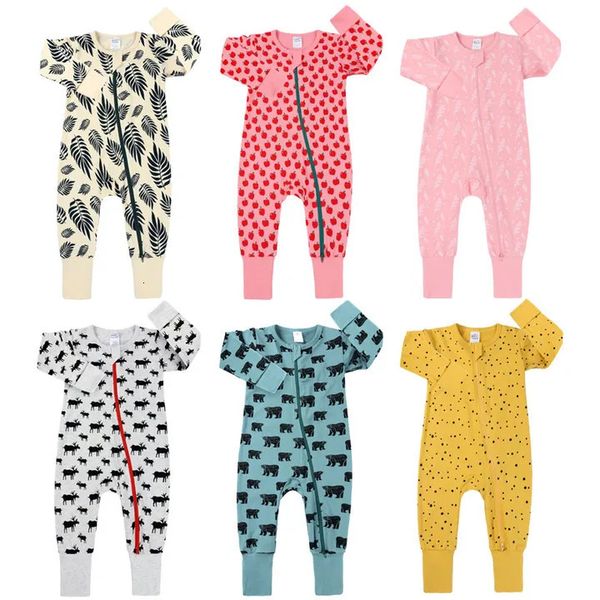 Pijamalar bebek butik çocuk pamuk uzun tişört seti hayvan desenleri pembe romper takım elbise bebek beyaz kızlar tulum zip-up pijama 231120