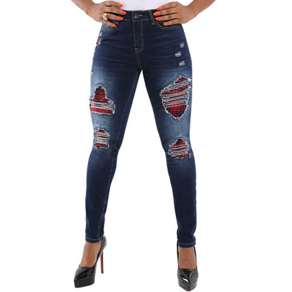 Pantaloni casual da donna Jeans hiphop patchwork strappati con fori per il ginocchio Pantaloni femminili aderenti a vita media graffiati sbiancati di alta qualità Spedizione gratuita